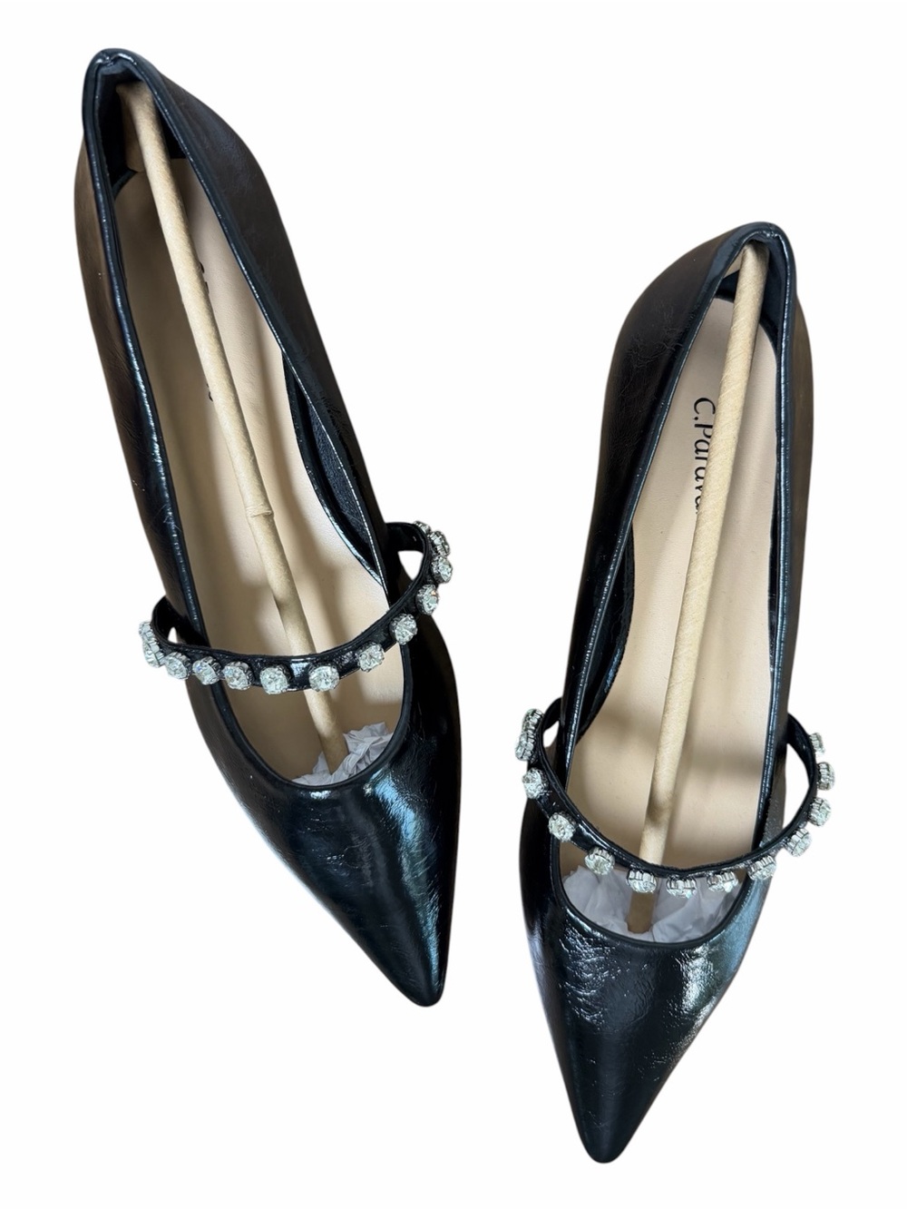 C. Paravano Black Crystal Mary Jane Flats Pointed Toe Lambskin EU 38 US 7.5 - Picture 11 of 12